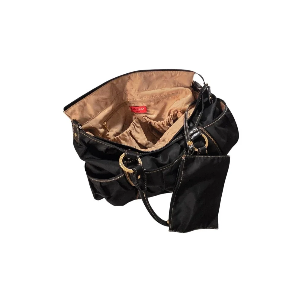 Storksak Olivia Diaper Bag Black Satin Nylon Multiple Pockets